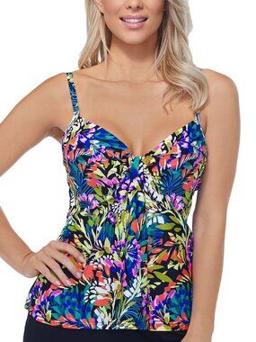 Island Escape Waterfall Gardens Printed Underwire Tankini Top Black Multi Size 1